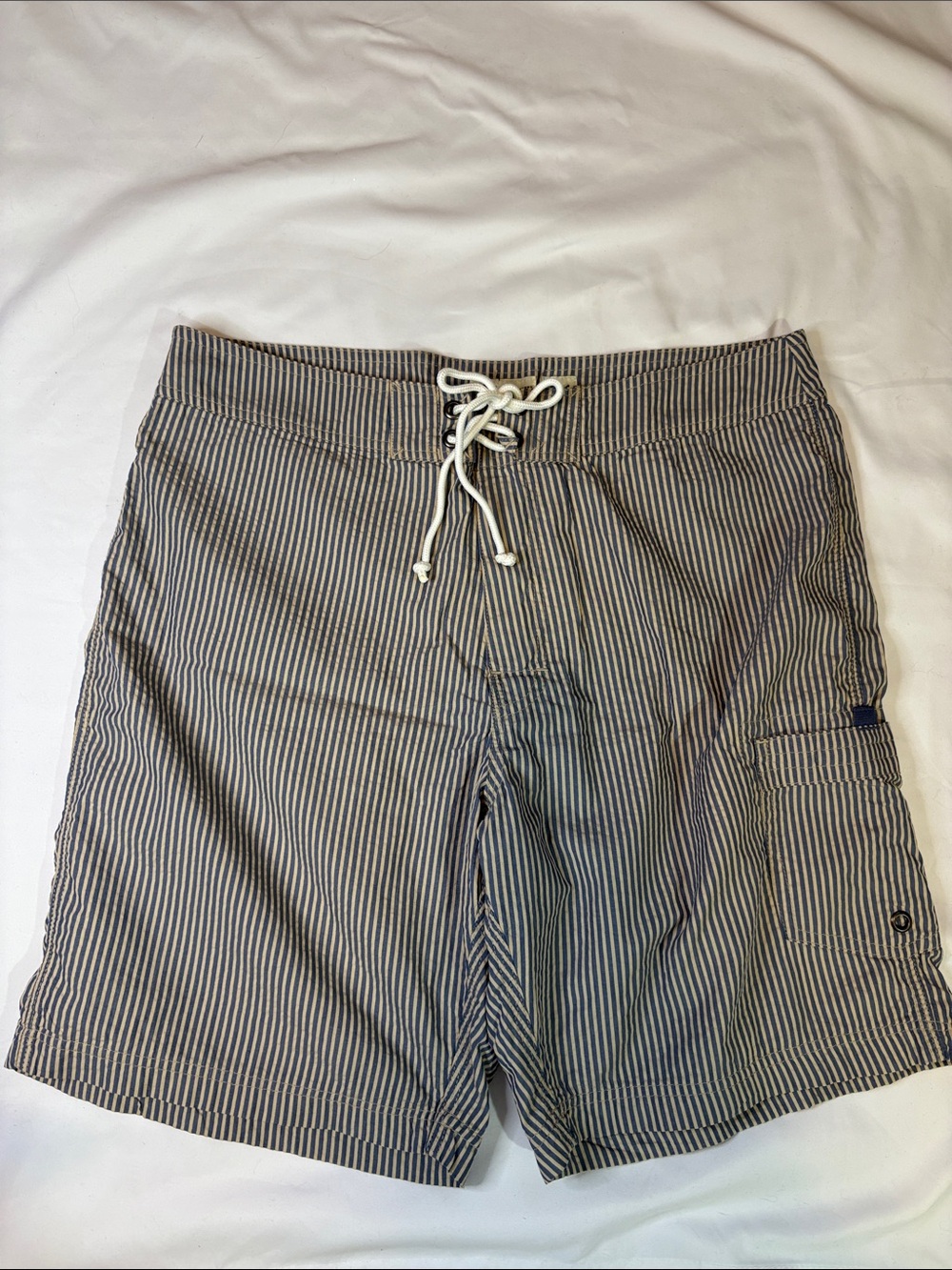 Crew "The Original Longboard" Swim Trunks / Board Shorts Blue Beige Seersucker